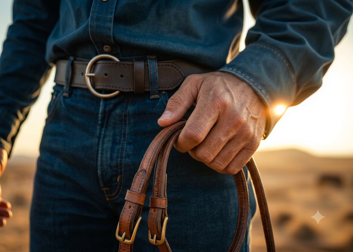 Weathered rancher hands holding leather reins